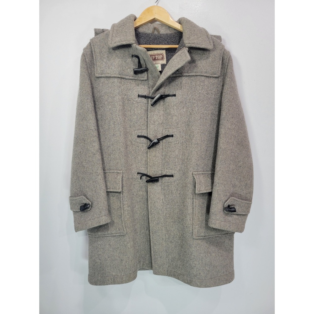 TipTop Mens Grey Wool Blend Hooded Duffle Coat Toggle Front Heavy Jacket Vintage